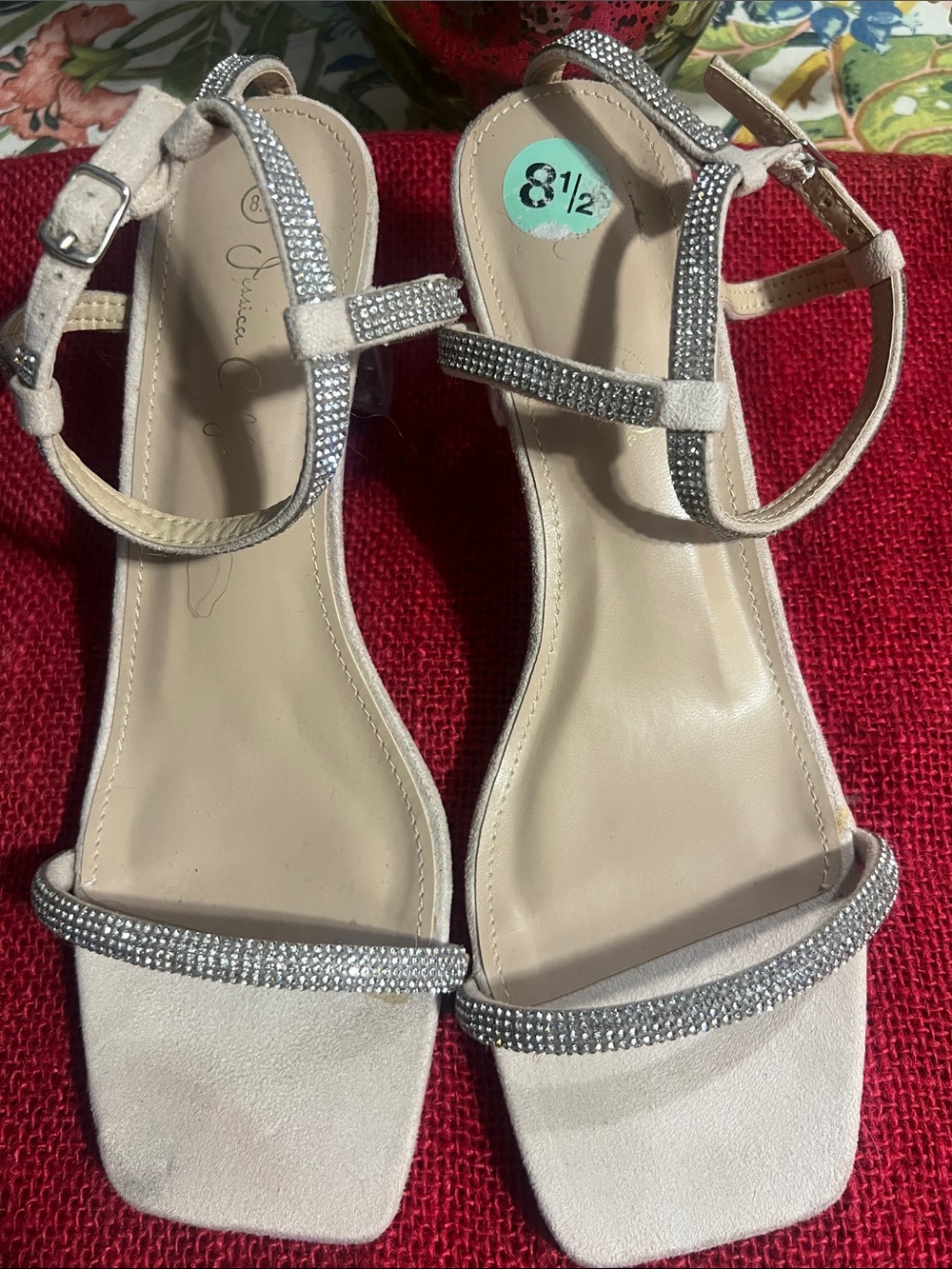 Beige Rhinestone Ankle-Strap Sandals - Women's Elegant Dress Heels